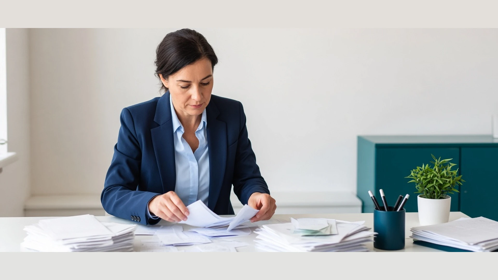 Business owner sorting through stacks of unopened bank statements and receipts at a desk